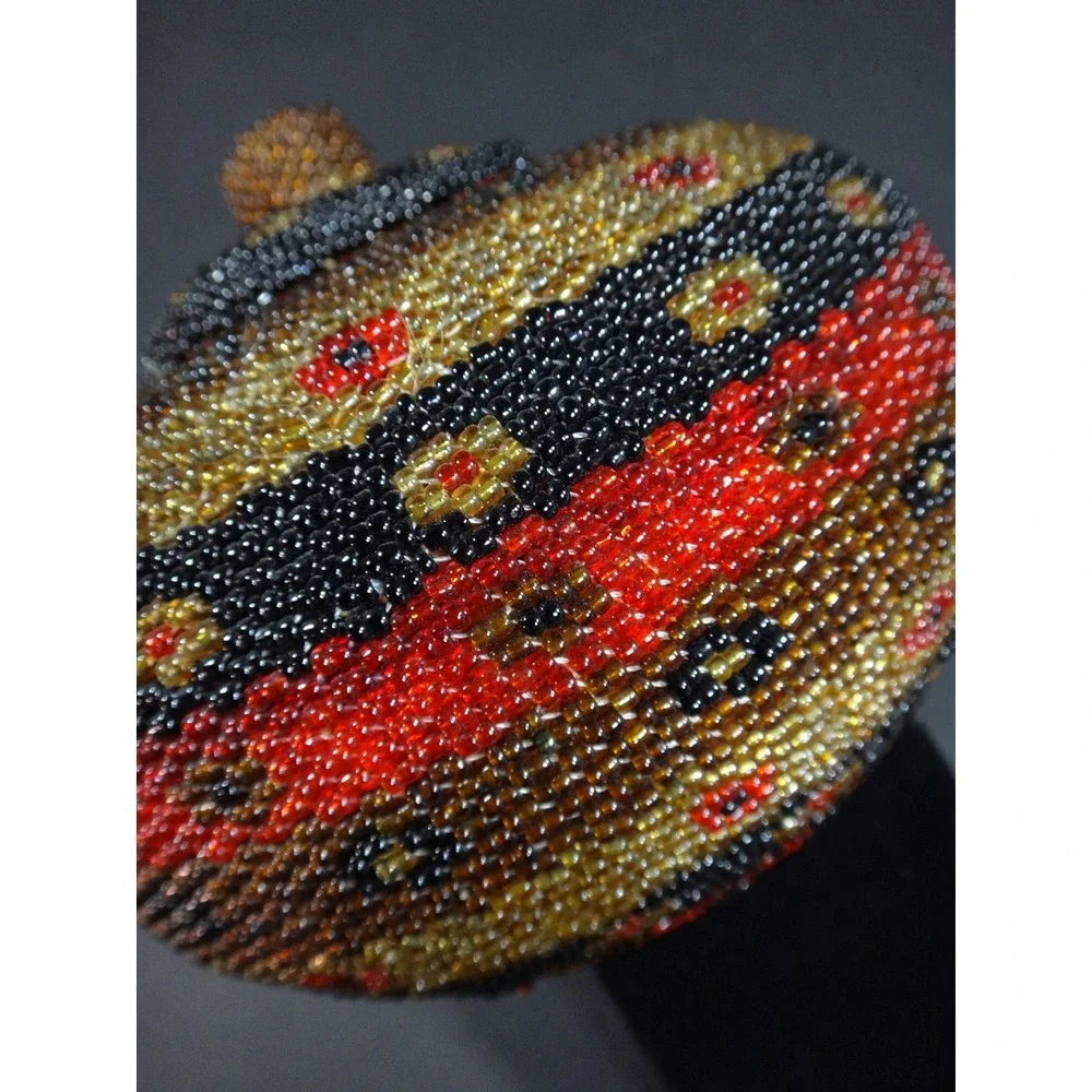 decorative folk art multicolor BEADWORK BASKET w Lid handcrafted Bali Indonesia